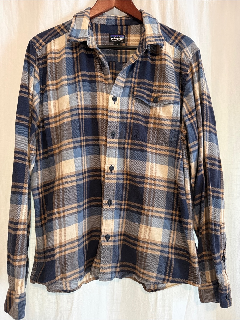 Patagonia Navy and Tan Plaid Button-Down Shirt